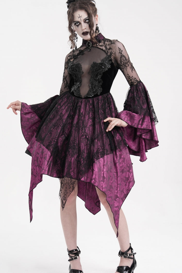 Black Purple Long Sleeves Embroidery Lace Up Irregular Mesh Gothic Dress