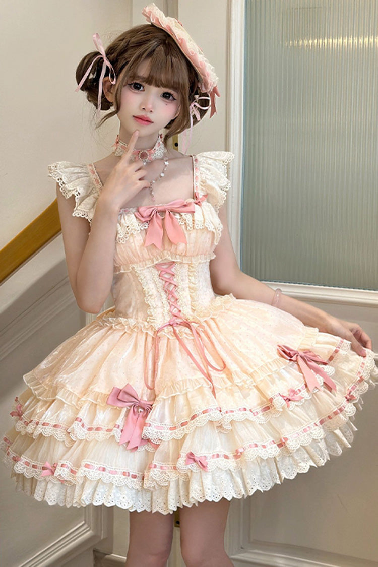 Apricot Sweet Ballet Lolita JSK Dress with Double-Layer Ruffles Bowknot Lace-Up and Lace
