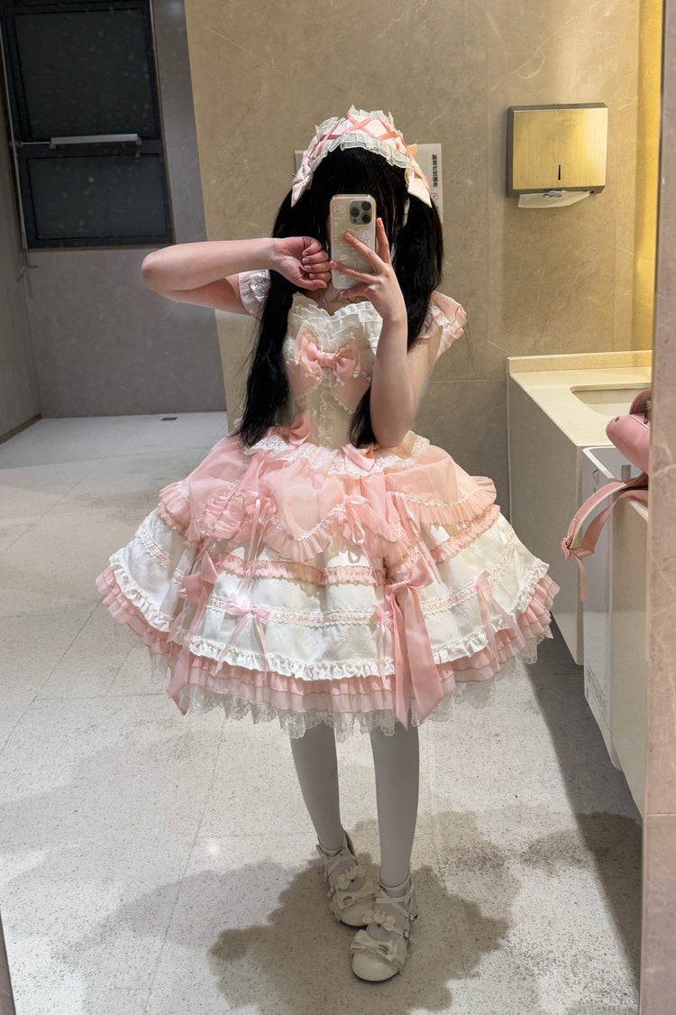 Pale Pink & White Sleeveless Triple-Layer Ruffled Bow Lace Ballet Sweet Lolita JSK