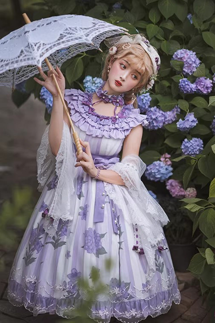 Endless Summer Violet Round Collar Hime Sleeves Printed Ruffled Bow Lace Lolita Dress - Endless Summer