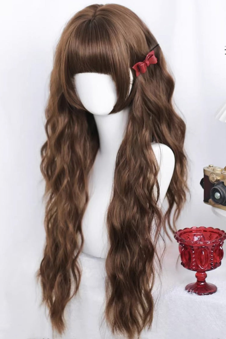 Warm Brown Beach Wave Wig with Blunt Bangs - Sweet Lolita