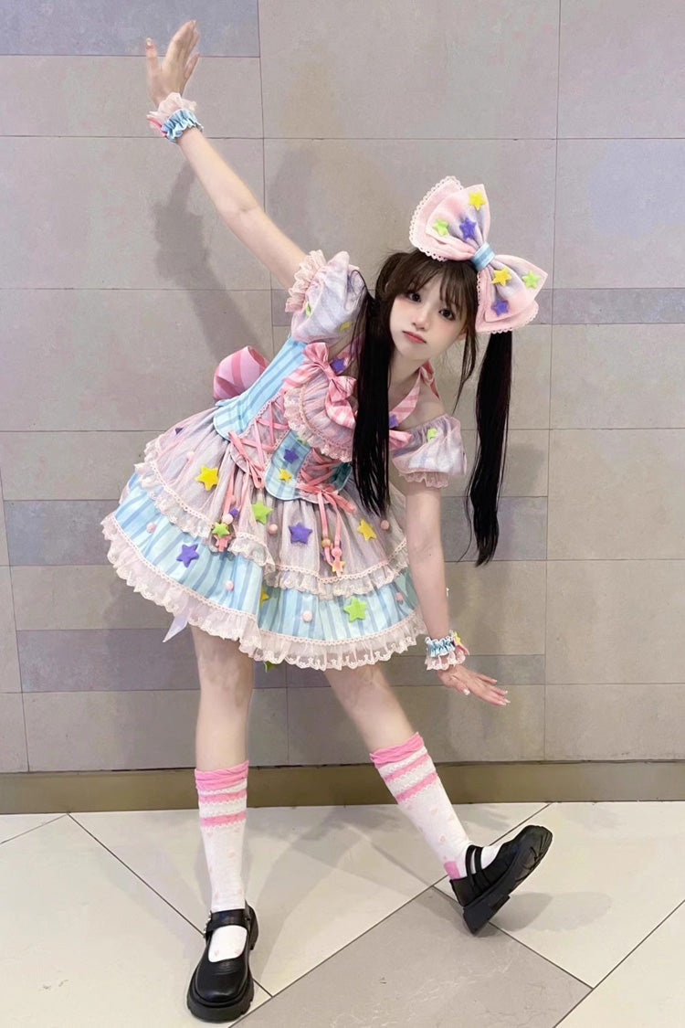 Pastel Multi Print Bowknot Star Motif Sweet Lolita Mini Dress