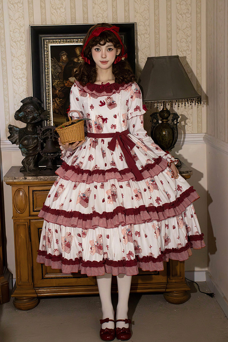 Blush Pink & White Berry Farm Print Long-Sleeve Layered Ruffled Sweet Lolita Gown