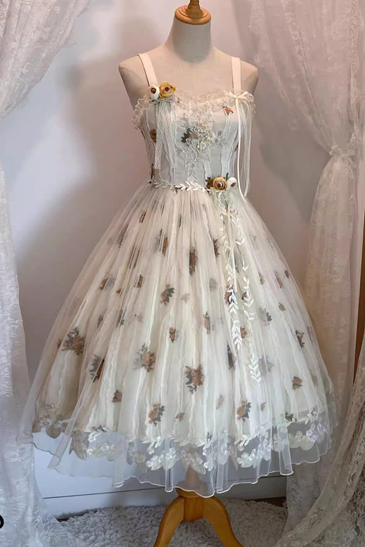 Charming Apricot Embroidered Lace Print Sweet Lolita JSK Dress