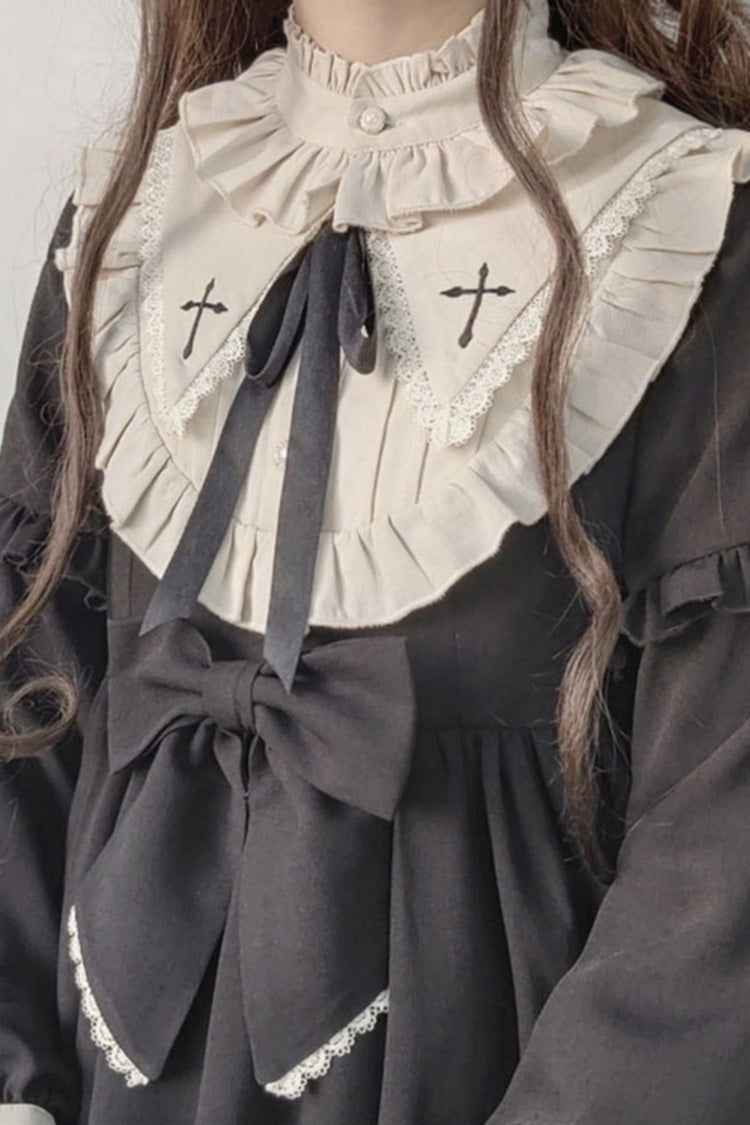 Coal Crewneck Chest Bow Cross Print Ruffled Sweet Lolita OP Dress