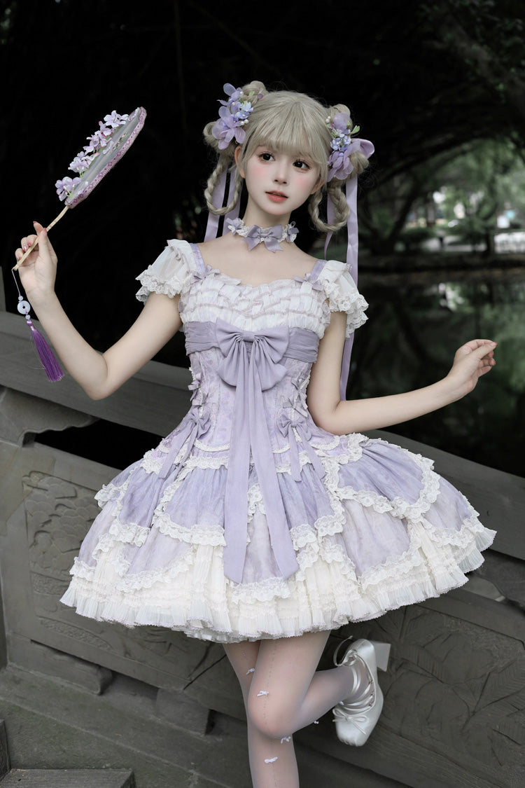 Floral Dream Violet Multi-Layered Ruffle Embroidery Lace-Up Ballet Lolita JSK - Floral Dream