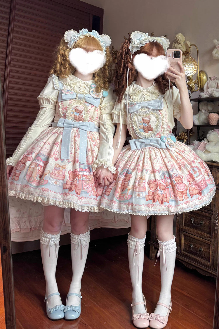 Bear Anniversary Celebration Sleeveless Printed Ruffled Bow Sweet Lolita Jumper Dress Two Colors