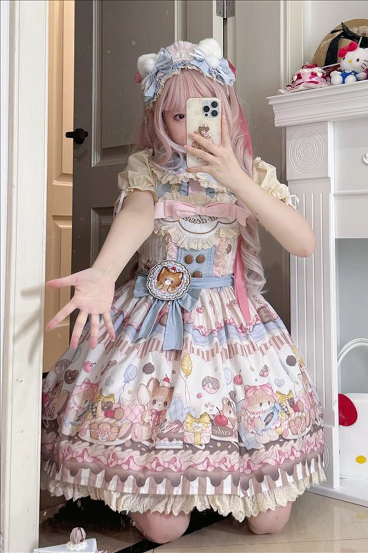 Sleeveless Print Ruffle Bow Lace Sweet Japanese Lolita Strap Dress - Multi Color