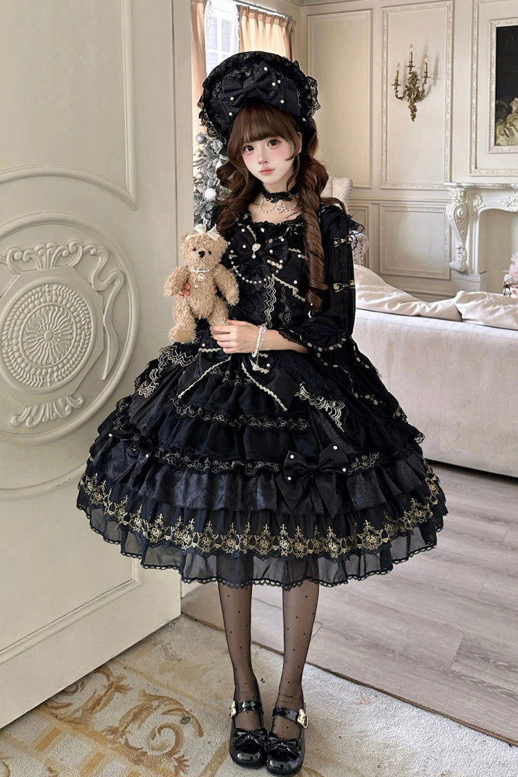 Noir Doll-Style Layered Ruffled Lace Gown - Dream-Sinking Pearl Veil