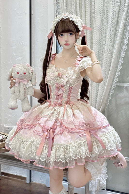 Dreaming Butterfly Pink Multi-Layered Jacquard Ruffle Bowknot Lace Sweet Princess JSK Dress