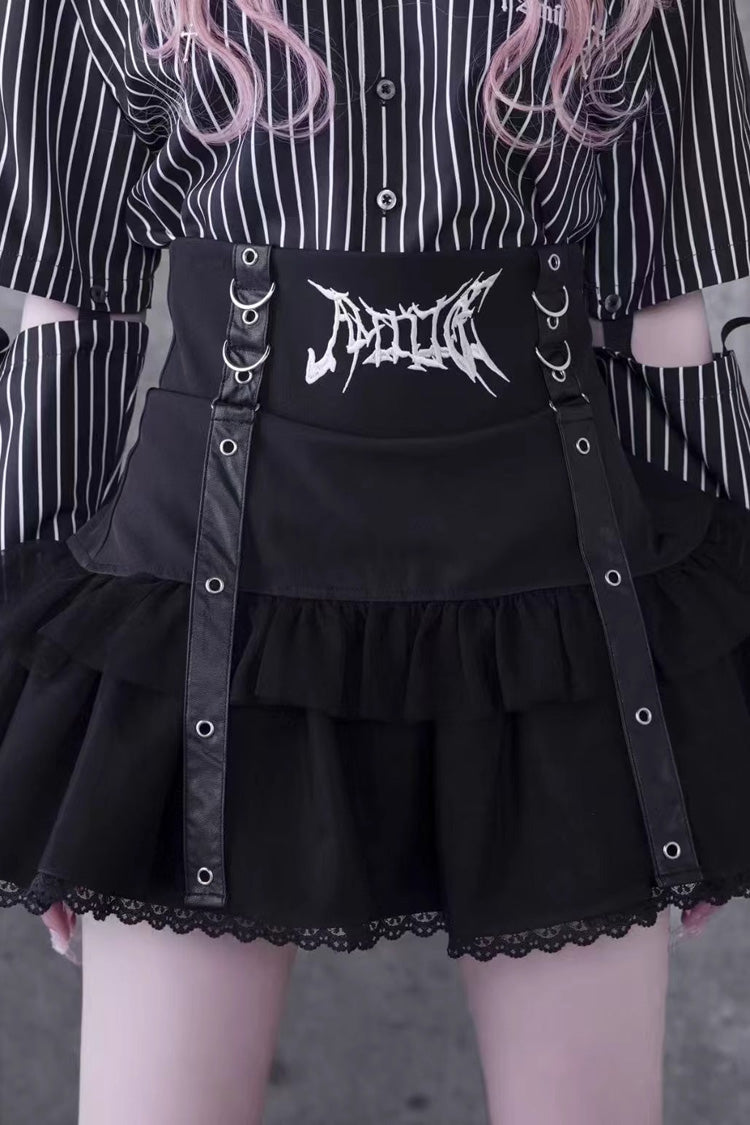 Black High Waist Ruffle Embroidered Gothic Jirai Kei Skirt