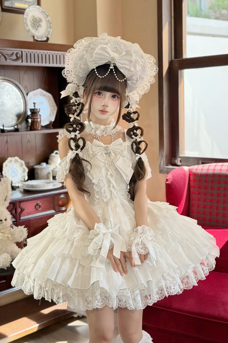 Ivory Ballet Pearl Square Neck Sleeveless Tiered Ruffle Bow Lace-Up JSK