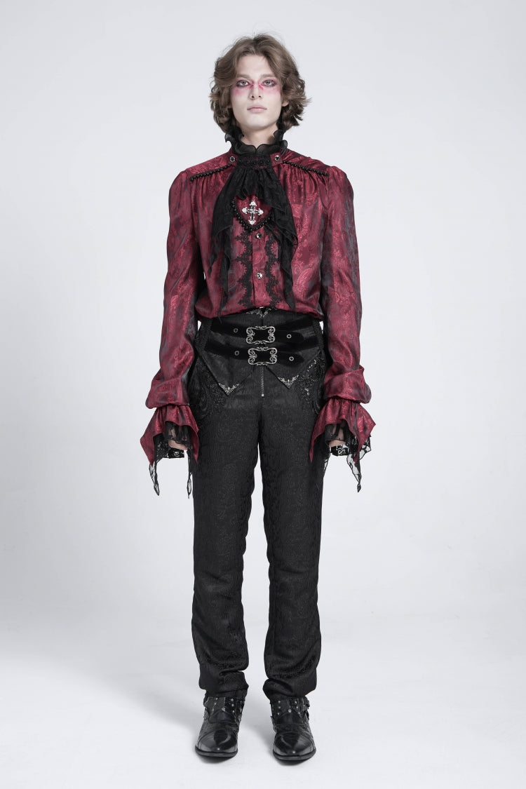 Crimson Puff Sleeve Men's Gothic Shirt with Lace Tie