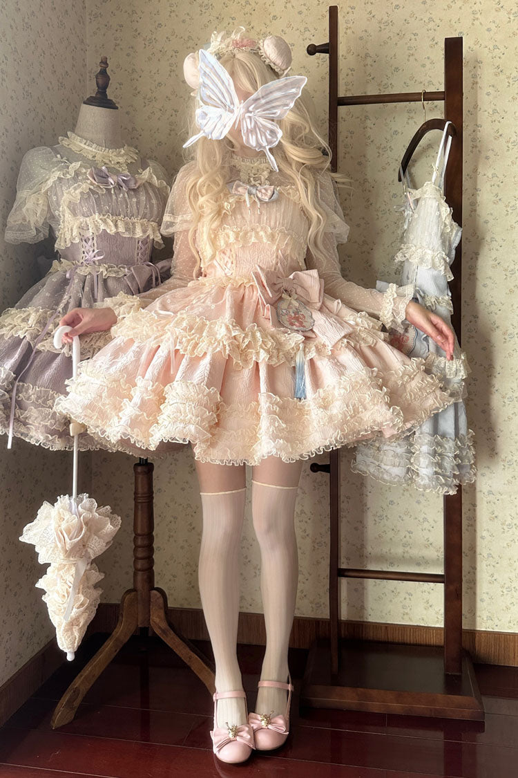 Good Night Peach Sleeveless Multi-Tiered Ruffled Bow Lace Sweet Chinese Style Lolita Jumper Dress Three Colors