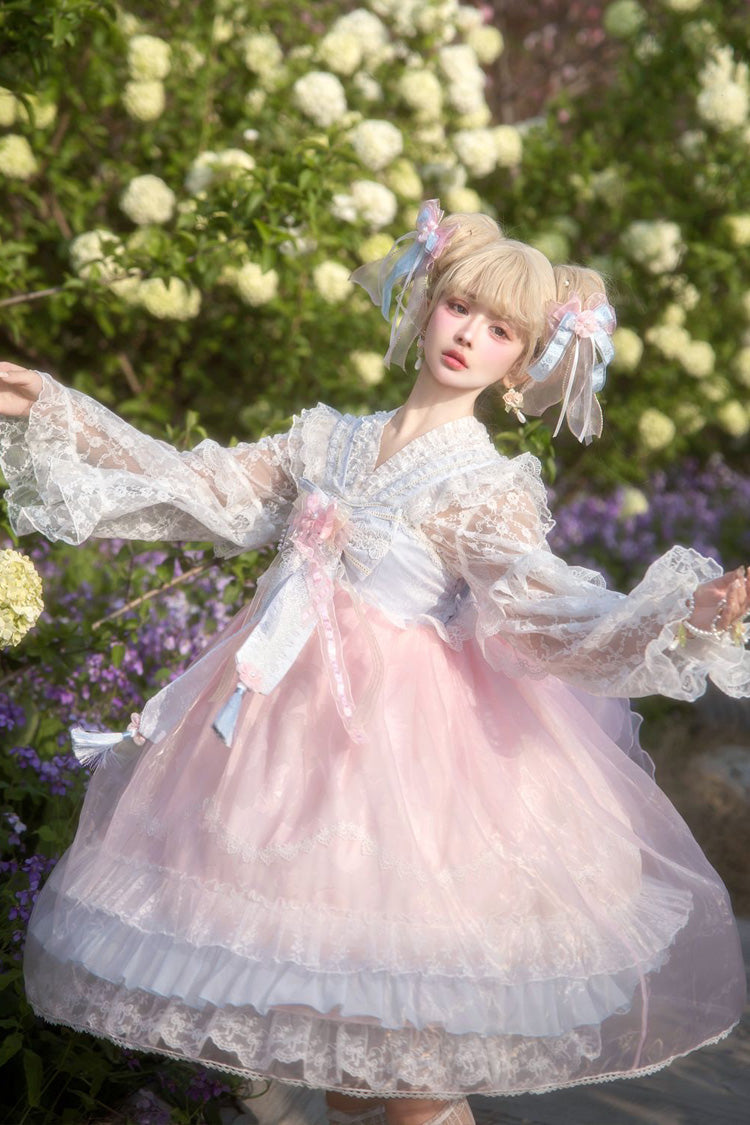 Peach Blossoms in Spring Fields Sweet Chinese Lolita JSK with Ruffles