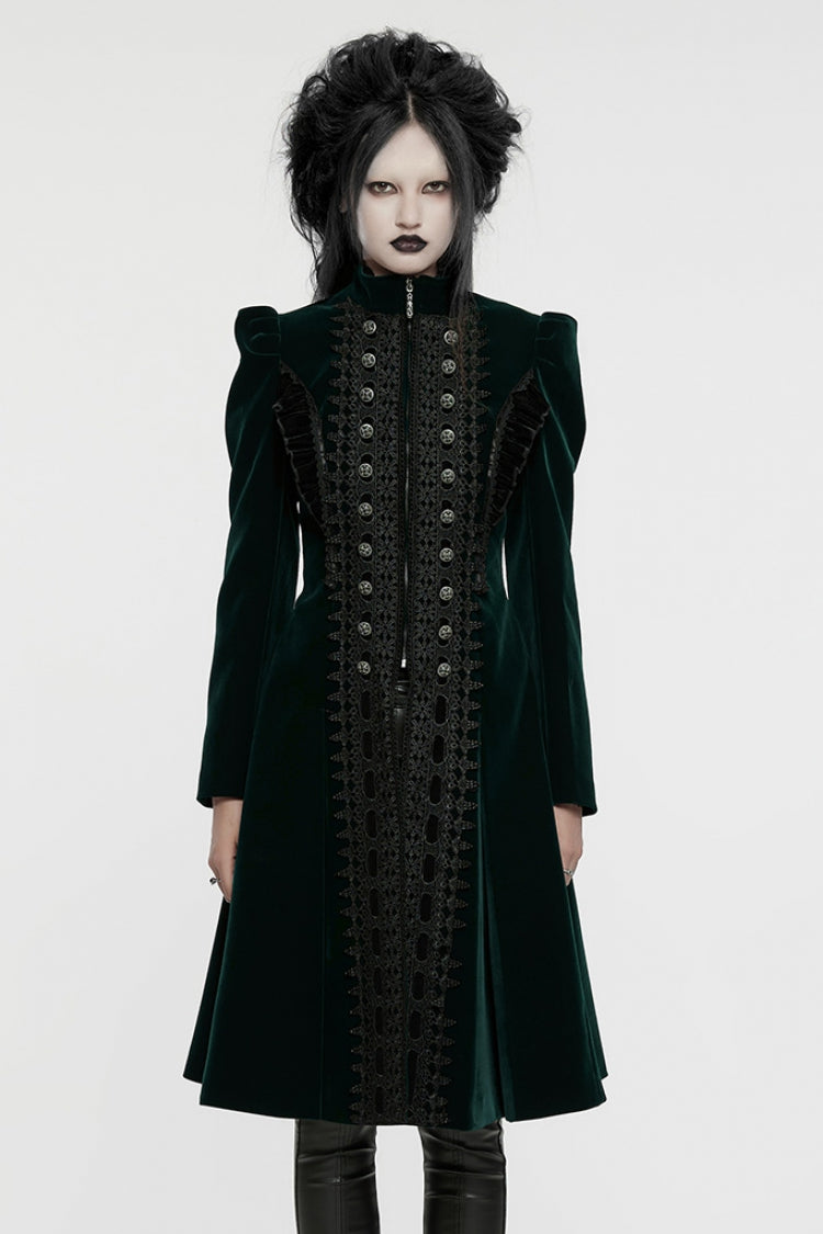 Floral Embroidery Puff Sleeve Long Coat - Gothic