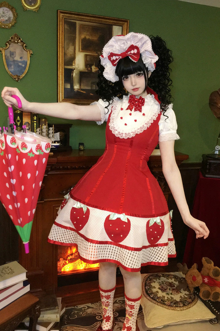 Sweet Lolita Dress with Stand Collar and Bow - Miss Peculiar Strawberry, 2 Shades