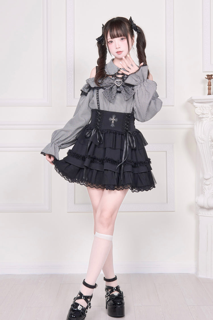 Off Shoulder Bowknot Lace-Up Print Long Sleeve Jirai Blouse in Three Colors