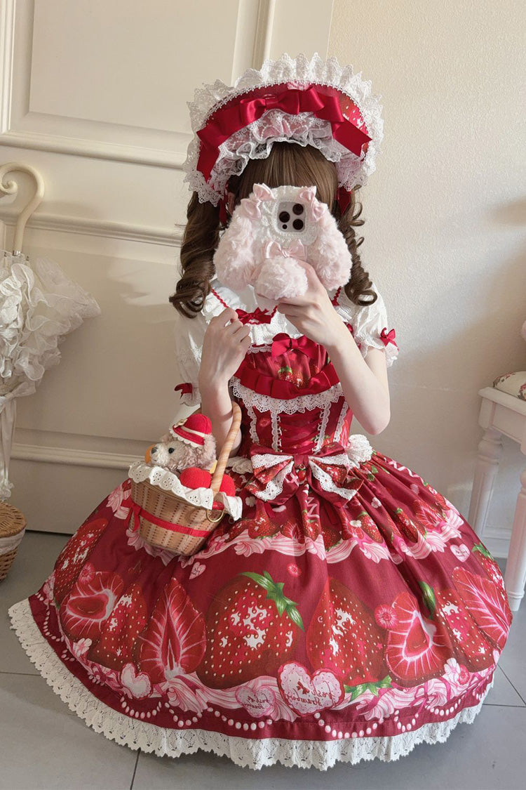 Strawberry Print Ruffled Bow Lace Sweet Lolita JSK