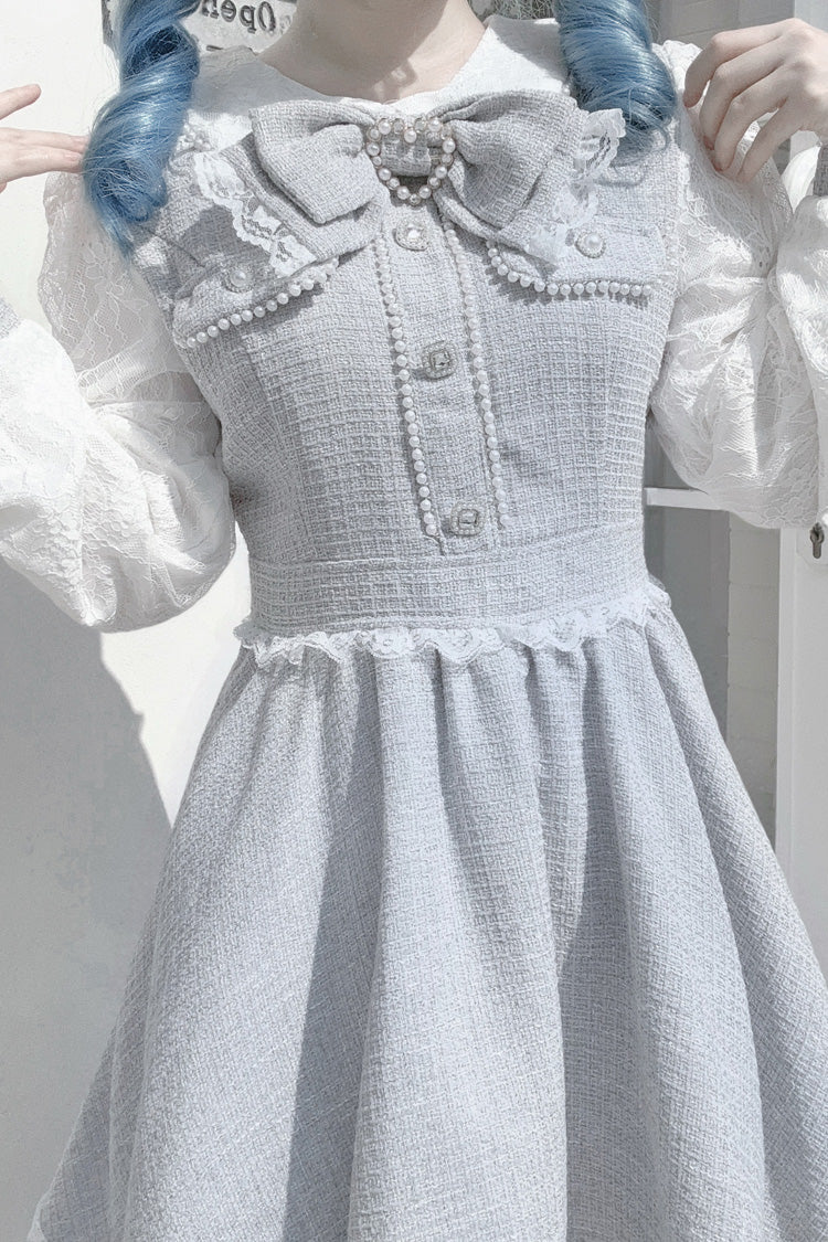 Grey Pearl and Bow Lace-Trimmed Jirai Dress