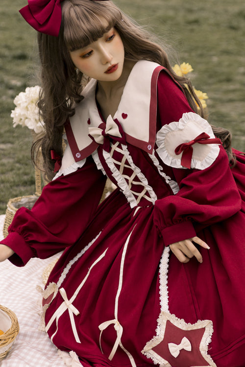 Pentagram Embroidered Lolita OP Dress - Chiffon Lantern Sleeve
