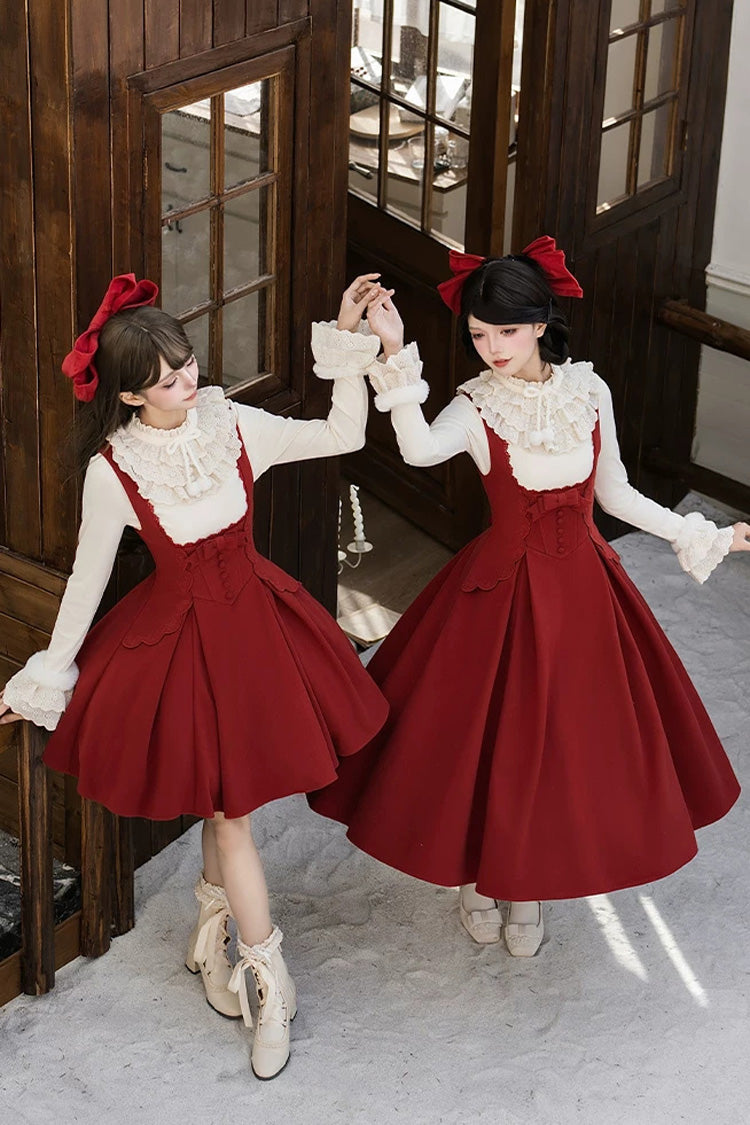 Classic Elegant Lolita Bandeau Dress with Embroidered Bow - Red