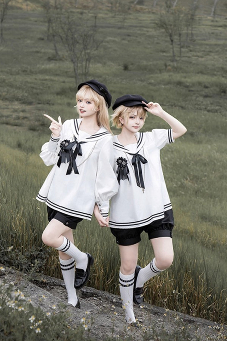 Old Stories Navy Collar Long-Sleeve Bow Ouji Gothic Lolita Set