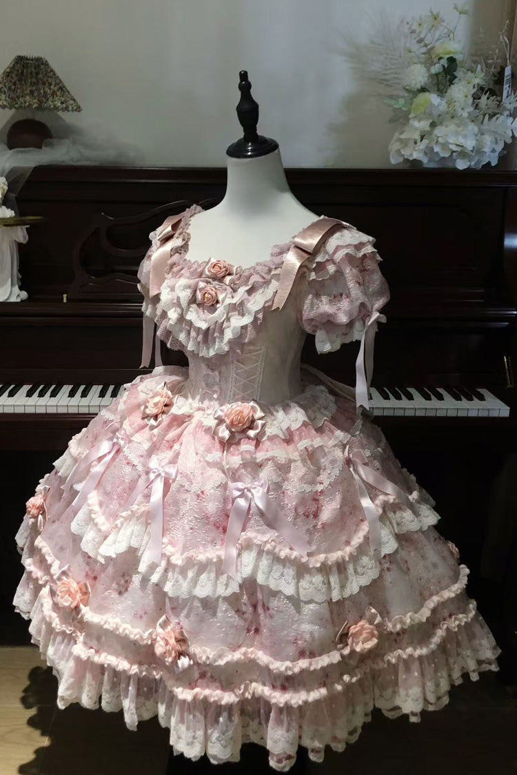 Pink Short Puff Sleeves Ruffle Bowknot Lace Sweet Japanese Princess Dress - Rose Manor