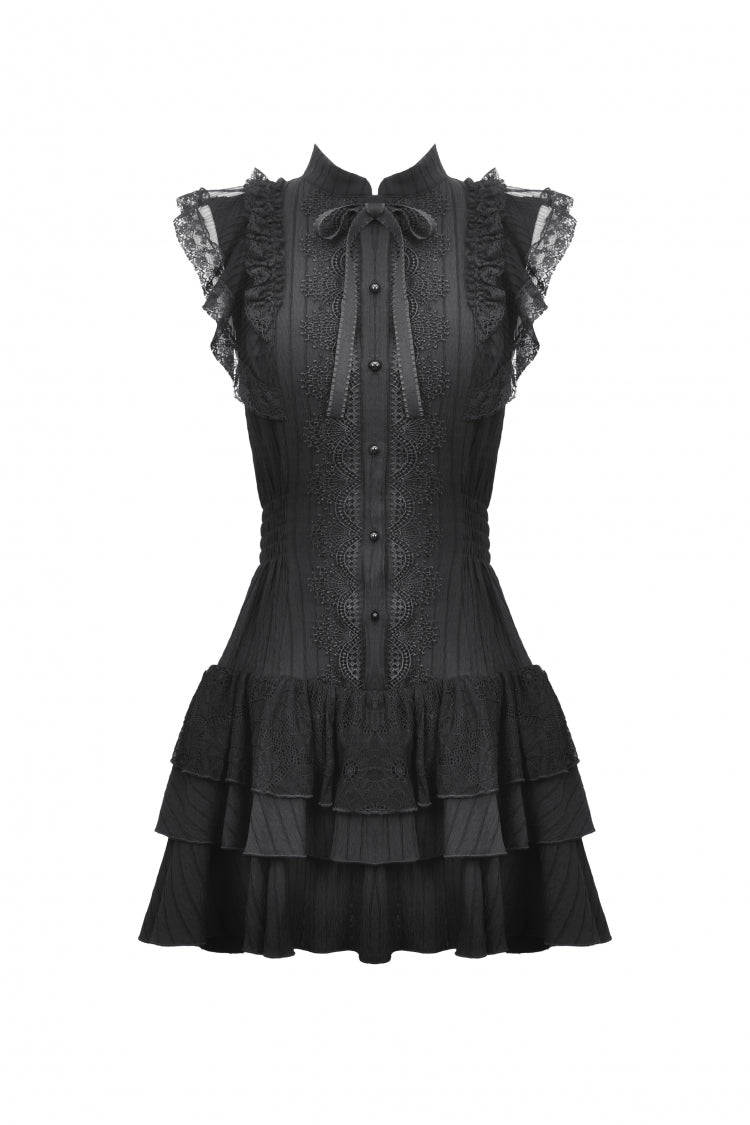 Gothic Sleeveless Black Lace Bow-Accented High-Neck Triple-Tiered Hem Long Dress