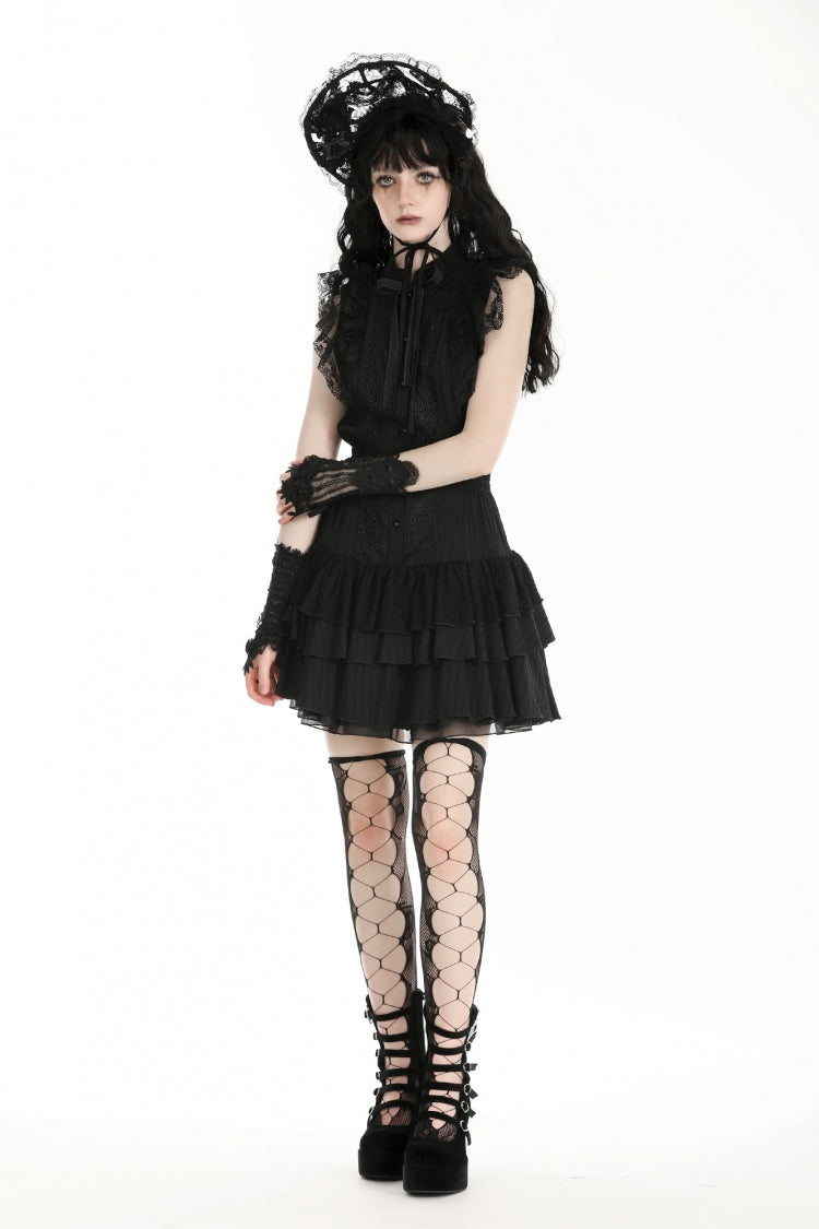 Gothic Sleeveless Black Lace Bow-Accented High-Neck Triple-Tiered Hem Long Dress