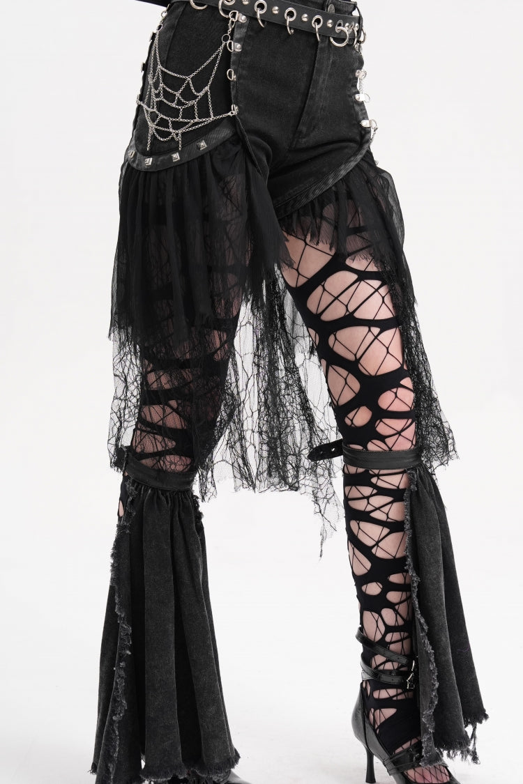 Gothic Shorts with Ripped Mesh Hem and Chain for Women