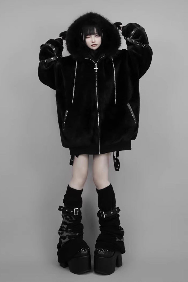 Black Hooded Coat with Lamb Ears and Rivet Details