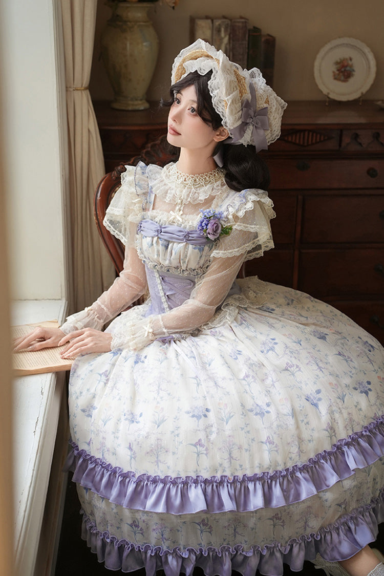 Double-Layer Print Ruffle Bow Lace-Up Fake Two Piece Sweet Lolita Jumper Dress - Purple Ivory