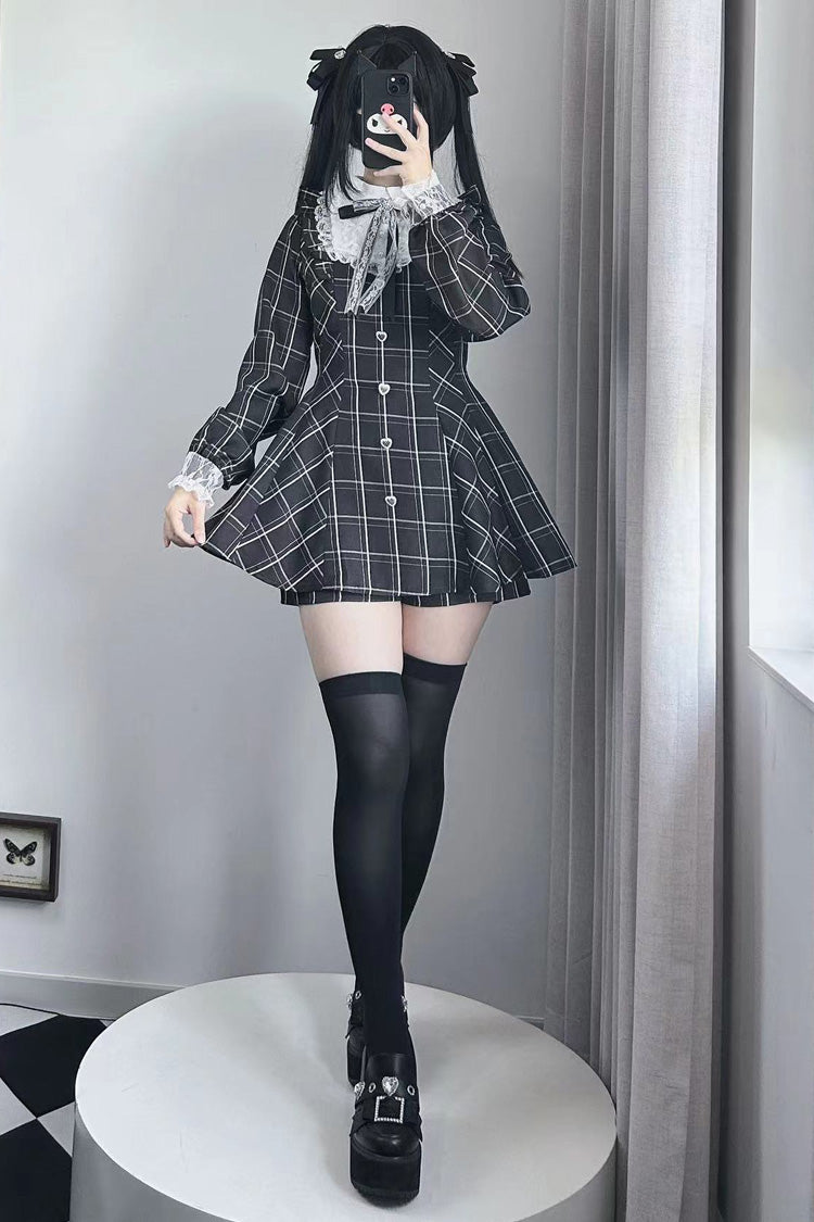 Heart-beating Limited Plaid Print Bowknot Lace Gothic Jirai Kei Dress Set - Black/White