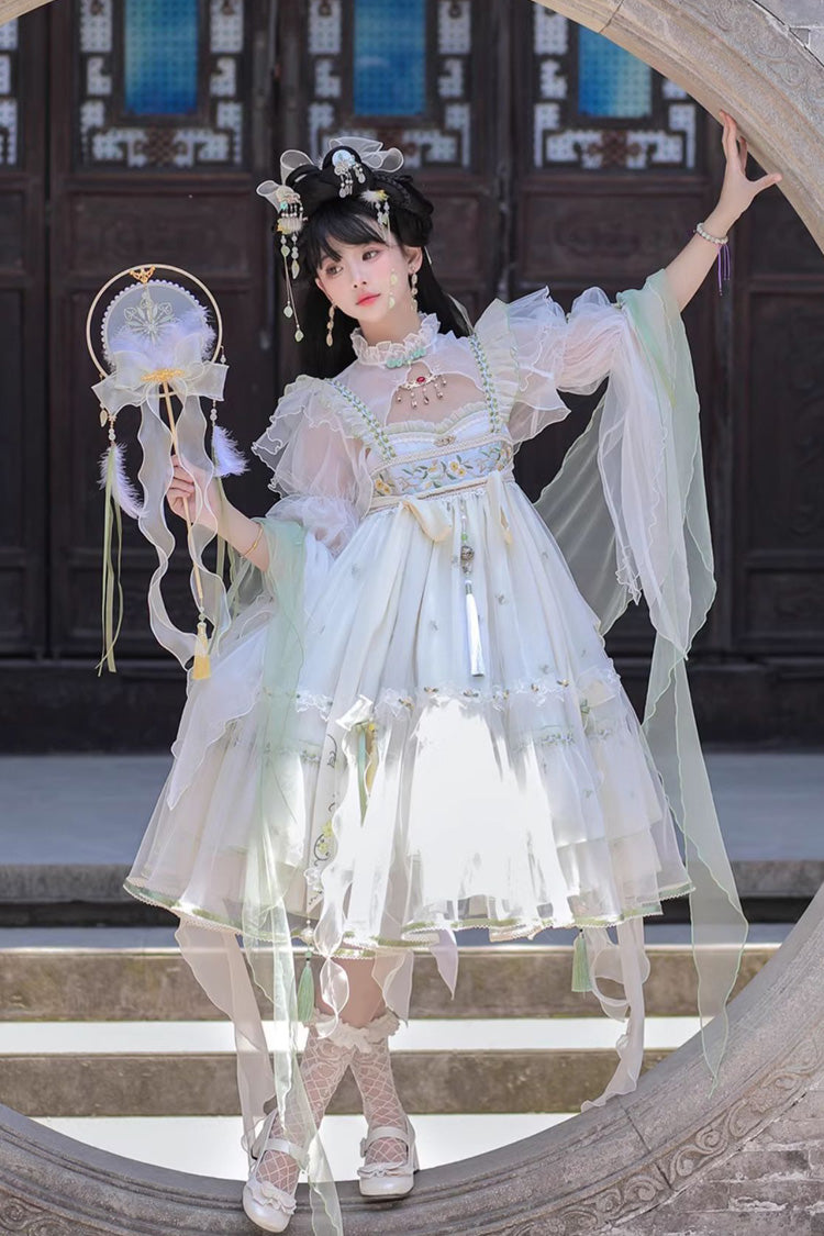 Cream Luo Ling Fu Embroidery Bow Lace Frilled Chinese Style Sweet Lolita JSK Dress