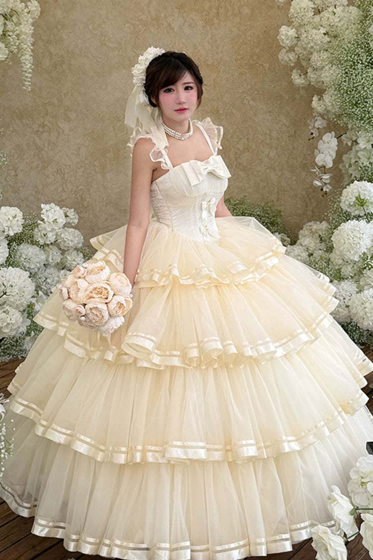 Organza Satin Sleeveless Layered Ruffled Bow Lace Sweet Lolita JSK - Apricot