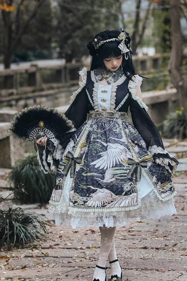 Chinese Style Long Sleeve Print Ruffle Lace Sweet Lolita Dress