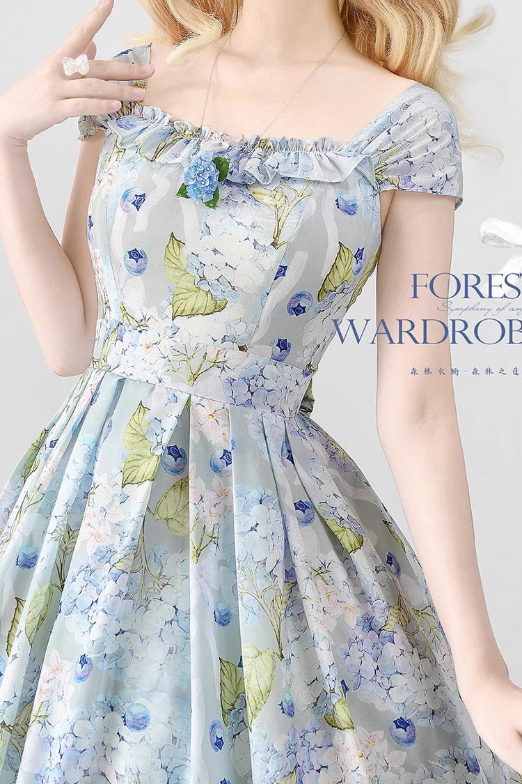 Blue Forest Basket Hydrangea Bowknot Chiffon Elegant Jsk Dress