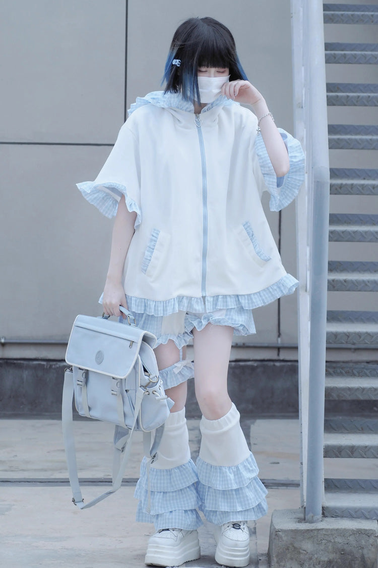 White/Blue Heart Signal Half Sleeve Plaid Print Hooded Sweet Jirai Kei Japanese Jacket