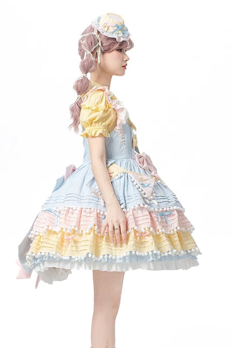 Blue Pink Yellow Sweetheart Macaron Ice Cream Multi-Layered Sweet Dress