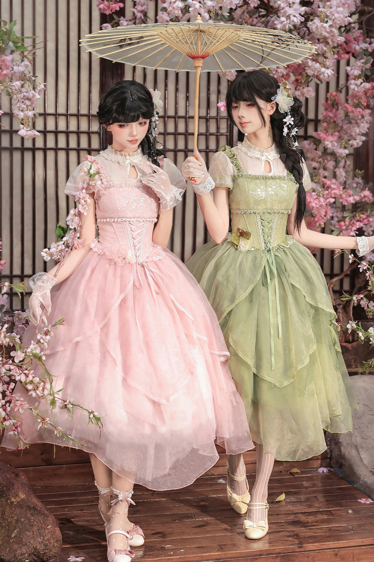 Fragrance Stand Collar Short Sleeves Multi-Layered Printed Ruffled Bow Lace Irregular Chinese Style Sweet Lolita Dress 2 Colors - Green/Pink