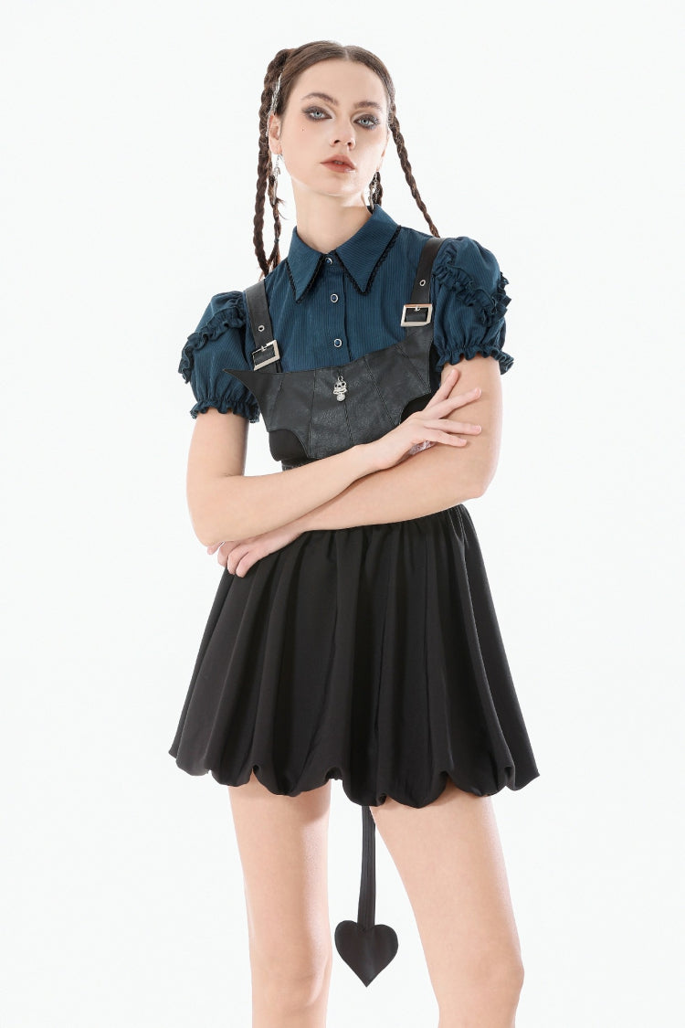 Bat Wing Buckled Gothic Suspender Dress Graduation Dress with Tail