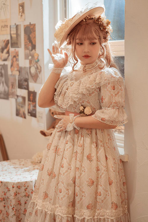Embroidered Rose Print Lolita Dress with Ruffles, Sweet Vintage
