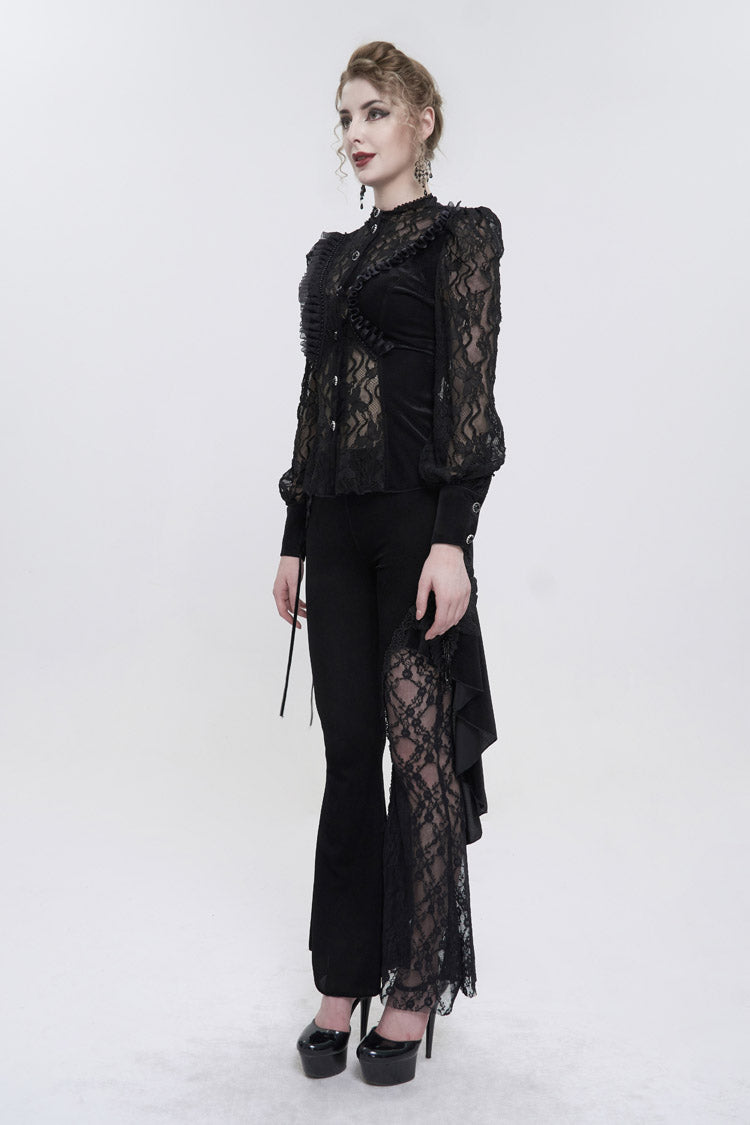 Charcoal Velvet High-Neck Lace Gothic Shirt with Butterfly Embroidery