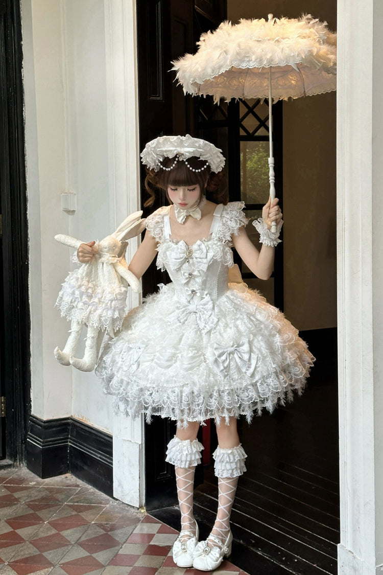 Ivory Gothic JSK with Pearl Bowknots and Layered Ruffles - Cloudborne Snowfeather