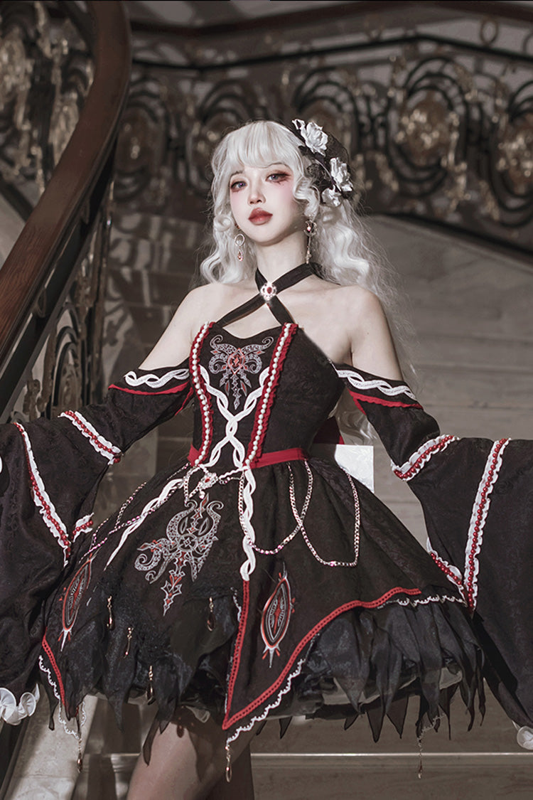 Black Off-Shoulder Long Hime Sleeve Embroidery Gothic Dress