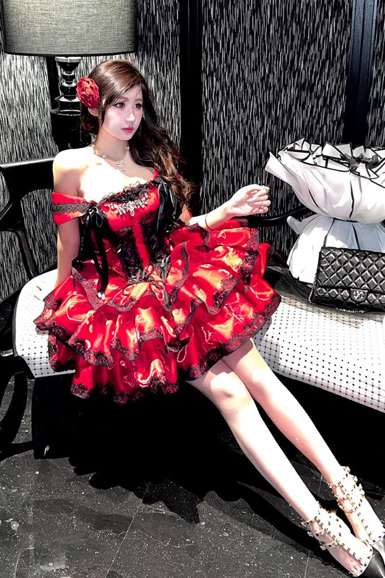 Sweet Lolita JSK Dress with Ruffled Lace and Lace-Up Back - Red