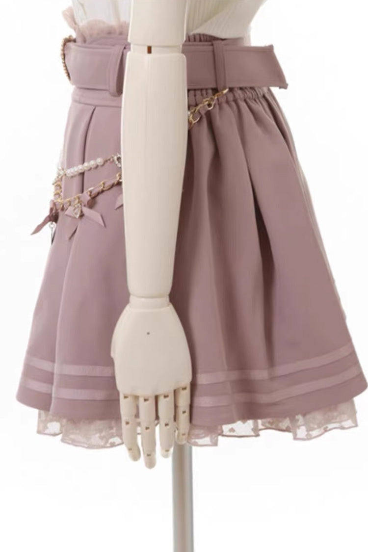 Pretty Heart-Belt Printed Ruffled Pearl and Chain Decorated Plus-Size Pleated Skirt