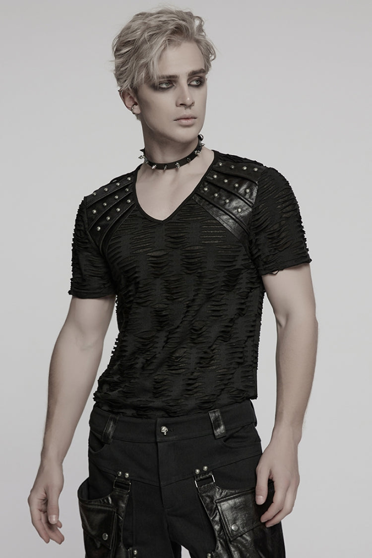 Edgy Punk Tee with Faux Leather Accents and Rivets for Men