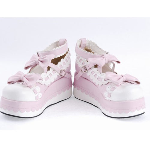 Rose Faux Leather Rounded Toe Ankle Strap Bow Decor Platform Lolita Footwear